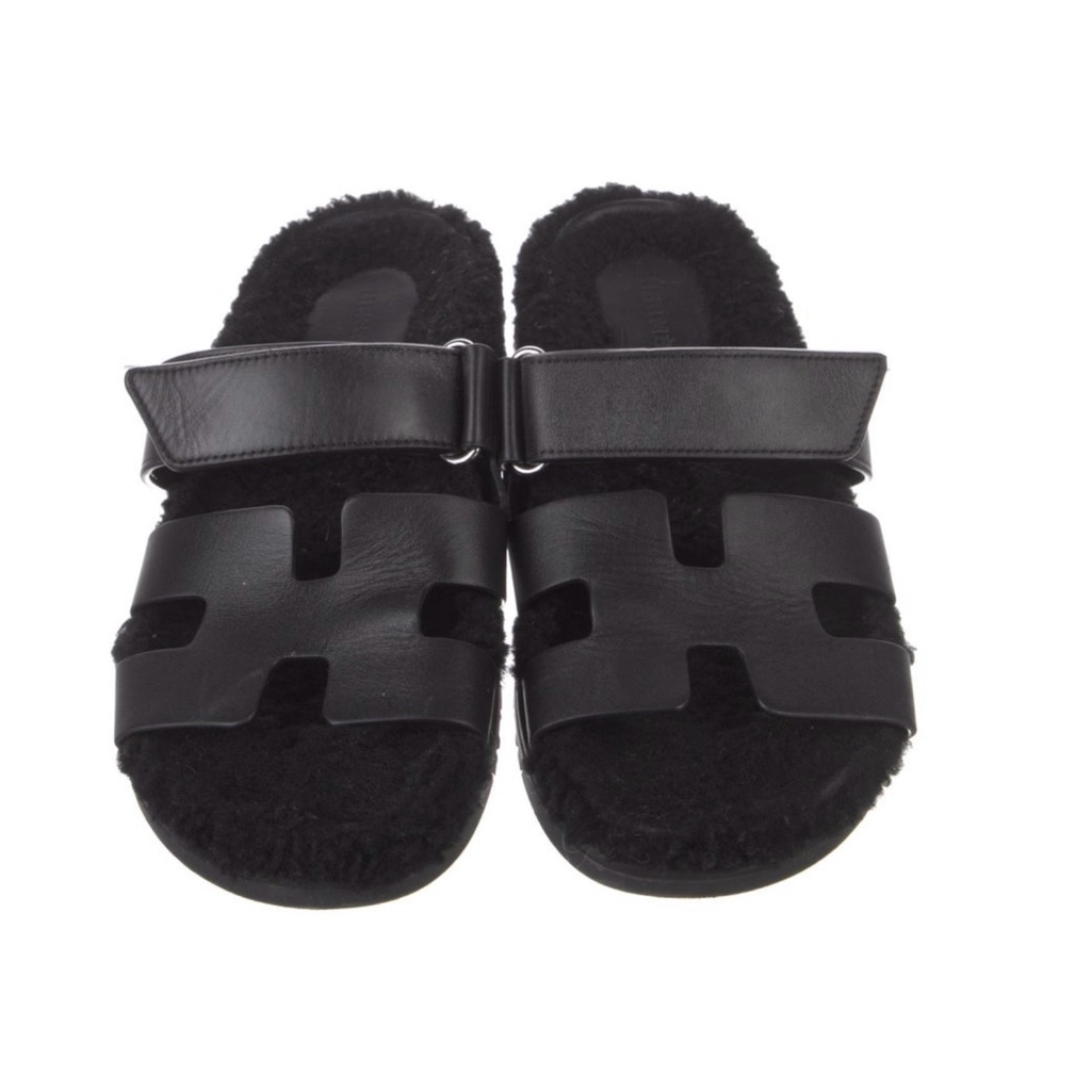 Hermes Black Shearling Slide Slippers